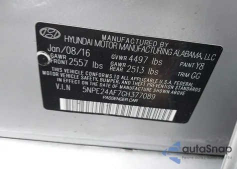 2016 Hyundai Sonata Se из США, поврежденный, VIN 5NPE24AF7GH377089